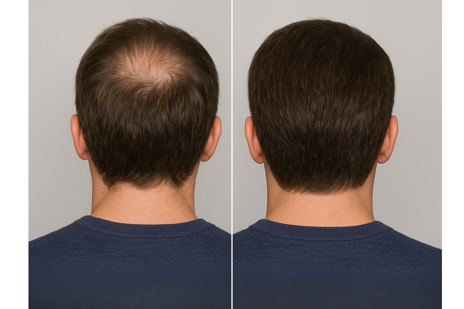 Before and after comparison of a person's hair on a gray background