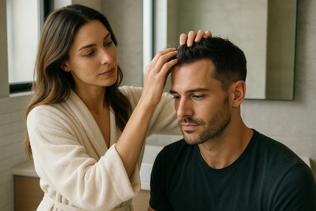 Woman adjusting a man's hair in a bathroom setting