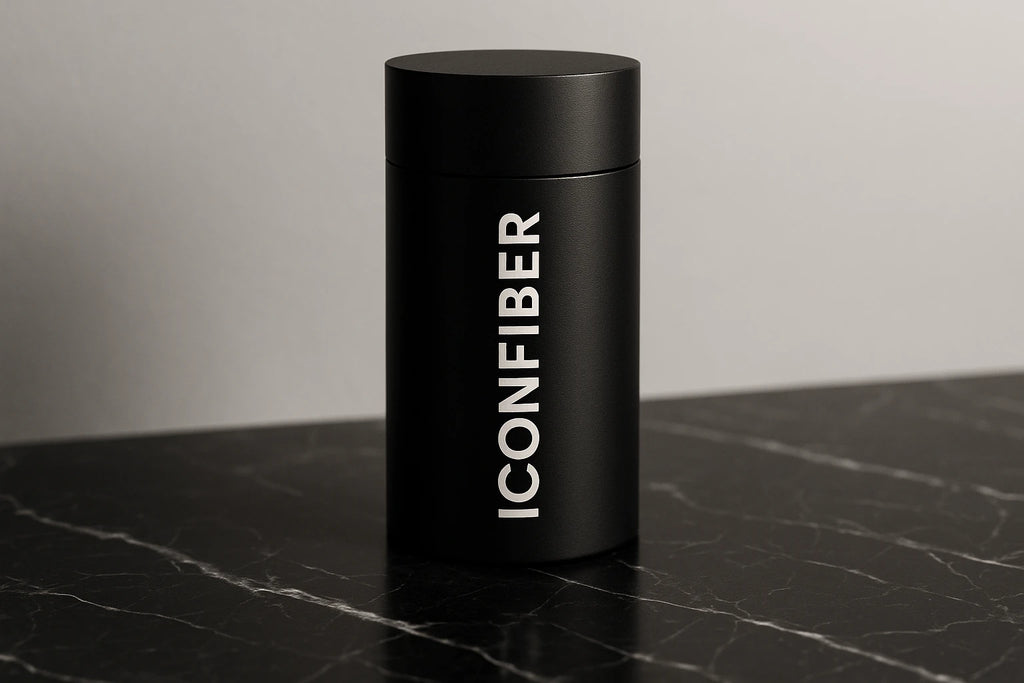 Black cylindrical container with 'ICONFIBER' branding on a marble surface.